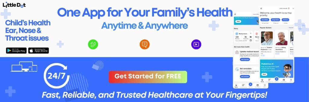 Littledot healthcare app banner – Track health, consult doctors, and manage medical records. Available on iOS and Android.